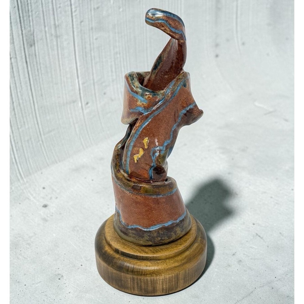Vintage Studio Art Pottery Abstract Sculpture Drip Glaze Gold Accents Wood Base